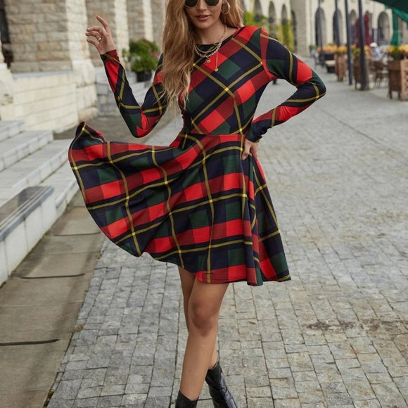 Plaid A-line Flared Mini Dress - Picture 3 of 9